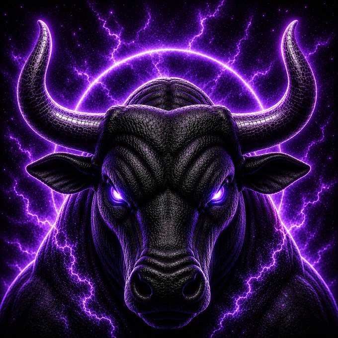 A dark, stylized bull with glowing purple eyes and horns, set against a purple lightning and cosmic background.