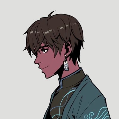 An anime-style profile illustration of a young man with brown hair wearing a dark traditional-style garment and an earring, set against a plain gray background.