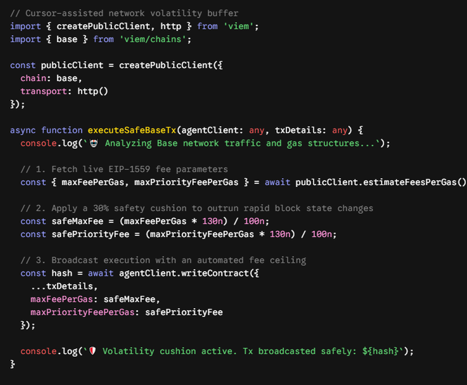The image shows a code on a screen with various text, symbols and numbers such as "function", "safe", "saferatiousfees", and many others. The picture depicts a piece of information or text related to creating an Autonomous AI Agent that simulates transactions in the context of gas infrastructure. The post talks about network volatilities and gas prices fluctuating rapidly between blocks, which could make the agent's job more difficult. This emphasizes that a smart solution would be to ensure enough safety cushioning (safe) to prevent out-of-band state changes when faced with rapid fluctuations in transaction fees due to network volatilities or gas prices.