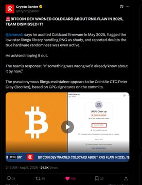 The image is a tweet from Crypto Banter (@CryptoBanter) stating that Bitcoin developers were warned by Coldcard about an RNG flaw in 2025 (CVE-2025-27840), which Team Dissmissed, flagging the issue in May 2025, with CoinKite CTO Peter Gray (Dochead) mentioned as the pseudonymous maintainer behind the fix. The post highlights the Bitcoin price at $64,000, tying the security vulnerability news to current BTC market sentiment.