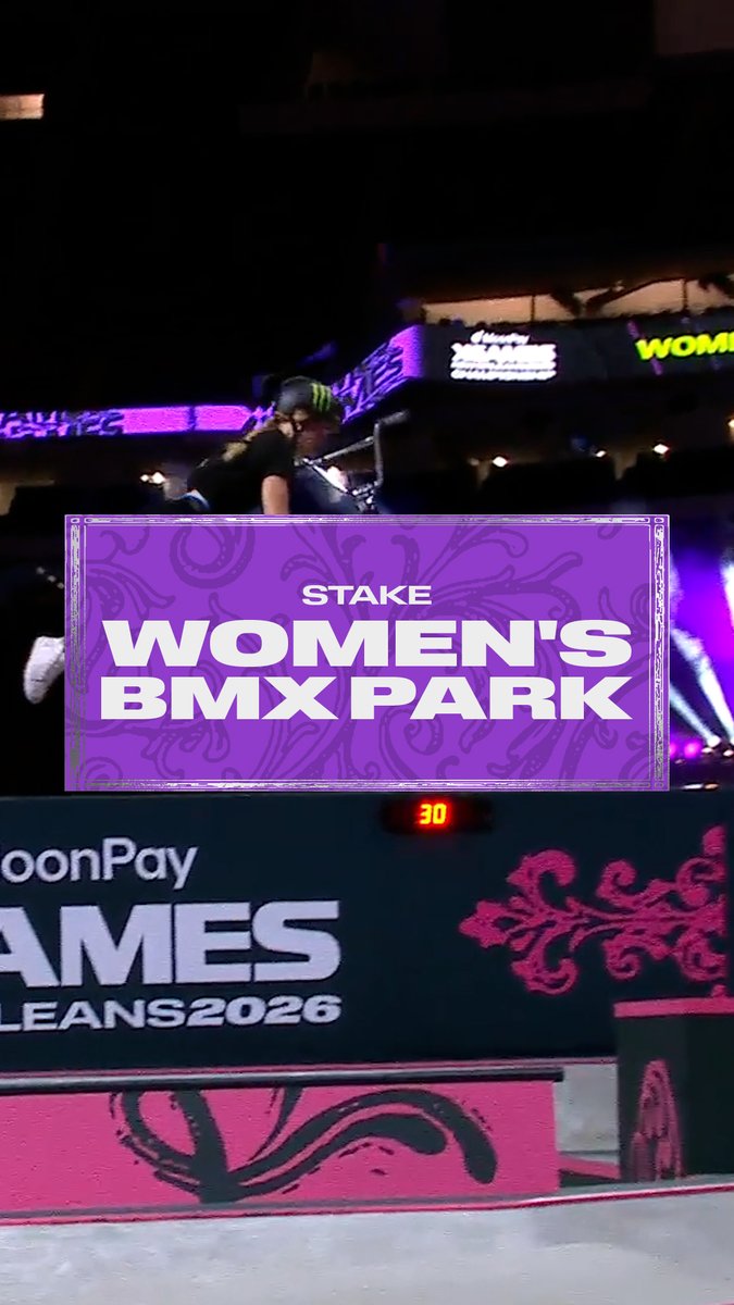 A purple graphic overlay reads 'STAKE WOMEN'S BMX PARK' over a nighttime BMX event, with 'X GAMES NEW ORLEANS 2026' visible on the banner below.
