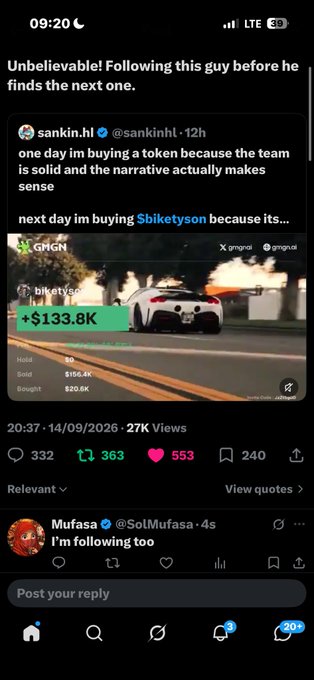 A screenshot of a social media post by @sankin.hl describes buying tokens, mentioning '$biketyson' and showing a car image with a PnL of '+$133.8K'.