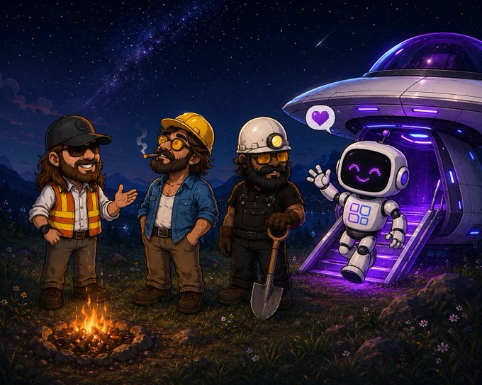 Cartoon illustration of three bearded men in workwear standing around a campfire at night, with a cute purple robot exiting a UFO on the right.