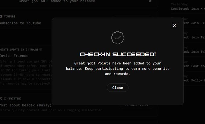 A 'CHECK-IN SUCCEEDED!' confirmation popup on a dark-themed website, indicating that points have been added to the user's balance.