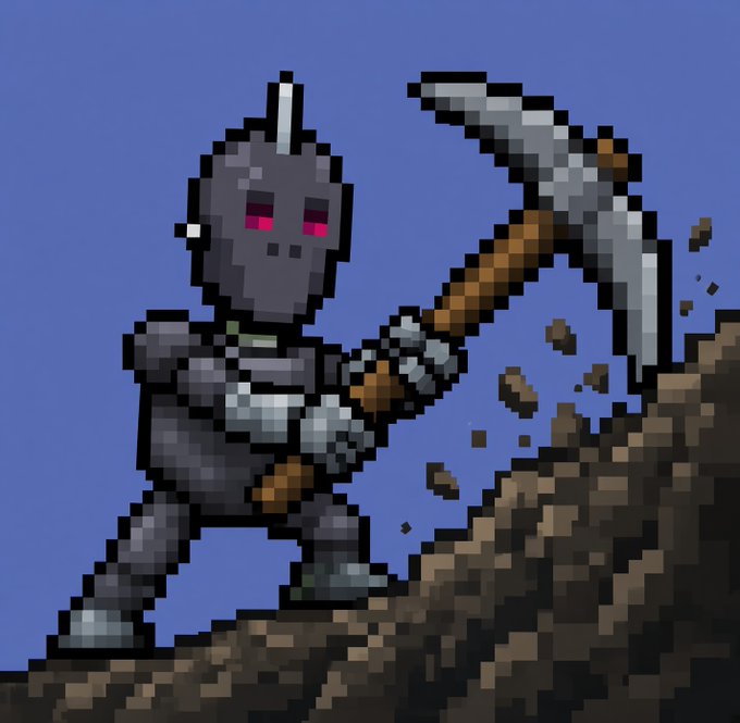 A pixel art image depicts a small gray robotic character with pink eyes swinging a pickaxe at a rock against a blue sky.