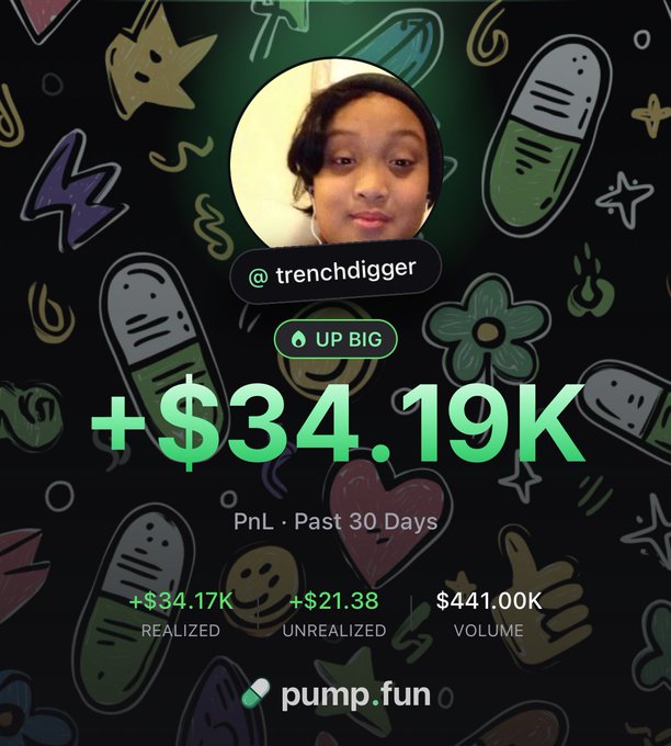 The image is a Pump.fun profile showcase featuring user @trenchdigger, displaying a photo of a young person alongside their impressive trading stats: "+$34.19K PnL · Past 30 Days" with +$34.17K realized and $441.00K trading volume. It visually reinforces the post's narrative of turning a small $50 starting investment into generational wealth through meme coin trading on the Pump.fun platform.