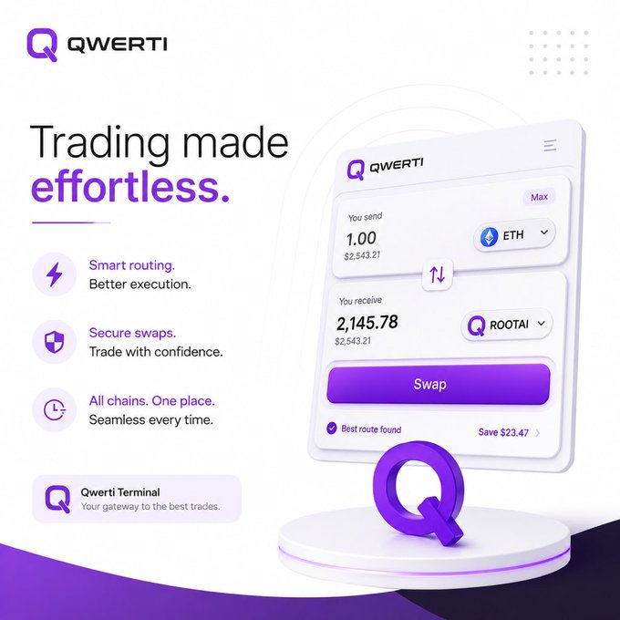 A promotional graphic for QWERTI showing their 'Trading made effortless' platform with a swap interface exchanging 1.00 ETH for 2,145.78 ROOTAI, highlighting smart routing, secure swaps, and multi-chain support.