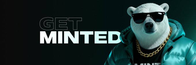 A promotional banner features a white polar bear wearing sunglasses, a gold chain, and a teal puffer jacket with the text "GET MINTED" beside it.