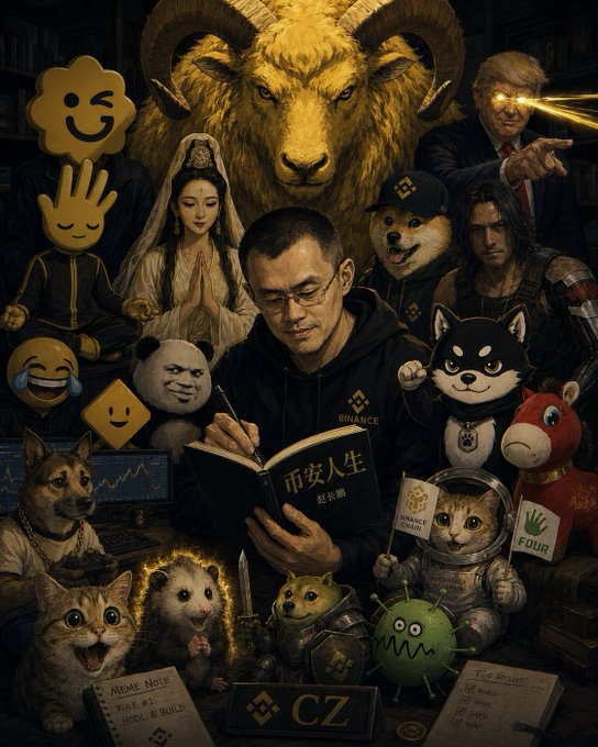 An artistic illustration featuring CZ (Changpeng Zhao) of Binance reading a book titled '币安人生' (Binance Life), surrounded by various meme characters, crypto mascots, a ram's head, and what appears to be Donald Trump with glowing laser eyes in the background.