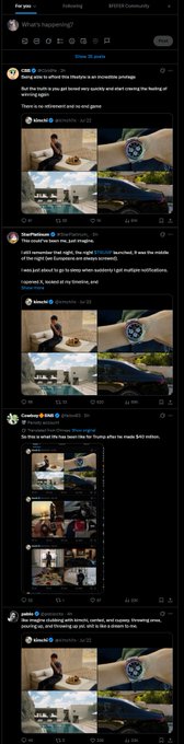 A mobile screenshot of Twitter/X feed under the 'Following' tab displaying posts about Trump 'affecting his lifestyle,' including tweets from Mike C, StarPlatform, Cerebro ETH, and goldie discussing Trump, Bitcoin, Ethereum, and memecoins.