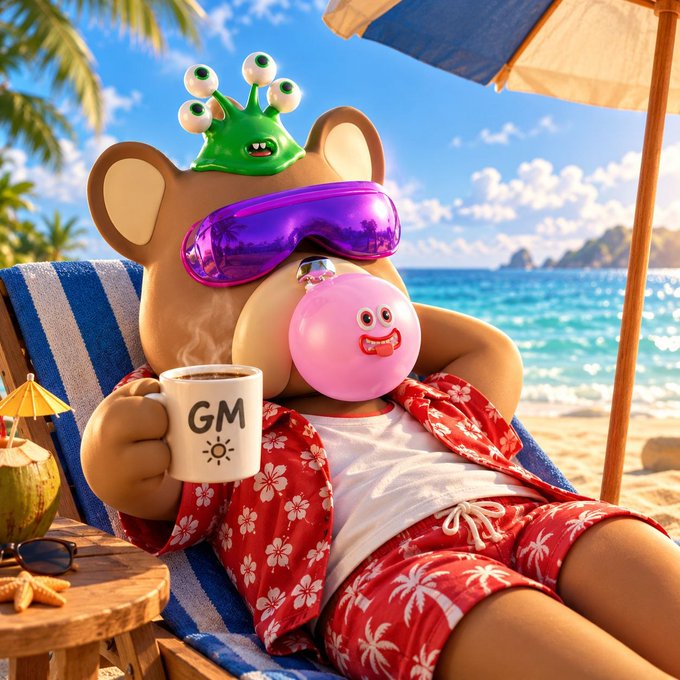 A 3D-rendered bear character relaxes on a beach chair under an umbrella, wearing a Hawaiian shirt, a purple visor, and a small green alien on its head, while blowing a pink bubblegum bubble and holding a 'GM' coffee mug.