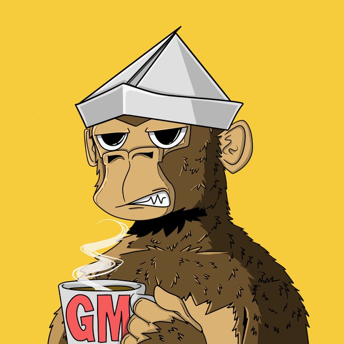 An illustration of a grumpy-looking brown gorilla wearing a folded paper hat and holding a steaming mug labeled "GM" against a yellow background.