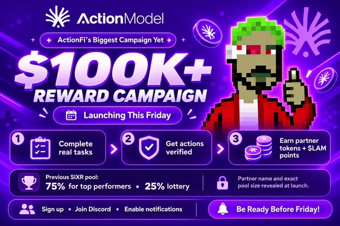 A promotional banner for 'ActionFi' advertises a '$100K+ REWARD CAMPAIGN' launching Friday, featuring a pixel-art character in a red jacket and green hair.
