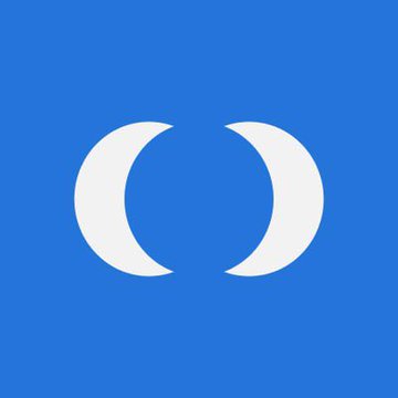 A simple graphic showing two white crescent moon shapes facing each other on a solid blue background.