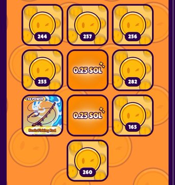 A screenshot of a treasure chest opening game displaying various gold coin prizes worth 0.25 SOL each, with values including 244, 257, 256, 255, 282, 165, and 260 coins, alongside a special "Bundle Holding Bag" with -20 Power bonus, corresponding to the post's mention of a "Chest Day" haul featuring 166 chests containing rewards totaling 0.75 Sol plus 32k Foxy tokens and consumables from the FamousFoxFed event.