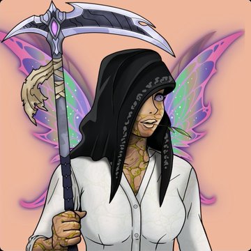 A digital drawing of a scaly, hooded figure with a scythe and pink, patterned wings.