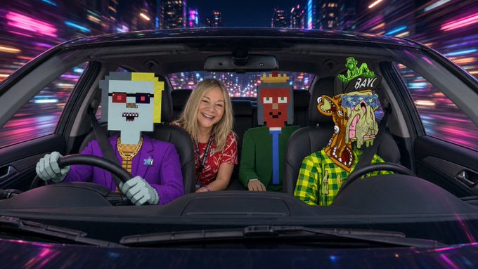 A woman smiling in the backseat of a car flanked by two passengers wearing pixel-style zombie masks, set against a neon city backdrop.