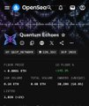 A screenshot of the OpenSea app displaying the Quantum Elthar collection with NFT statistics including floor price, listed, total volume, owners, and supply metrics.