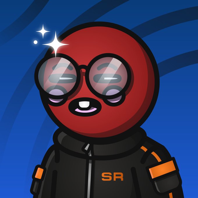 A cartoon red character wearing oversized reflective sunglasses and a black jacket with orange accents featuring the "SR" logo smiles against a swirling blue background, with sparkles highlighting the glasses. The image represents the user's enthusiasm for joining SpaceRidersXYZ, with the "SR" branding matching the team they've just pledged to ride with.