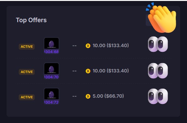 A digital 'Top Offers' interface displays three active telegram-style items numbered 1304:68, 1304:70, and 1304:72, with prices of 10.00 ($133.40), 10.00 ($133.40), and 5.00 ($66.70) respectively, alongside a clapping emoji.