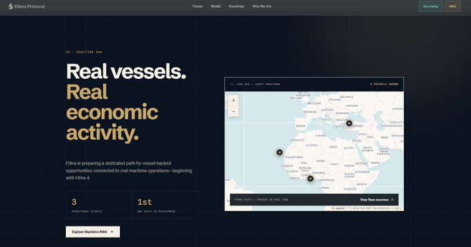 A website screenshot for Ethena Protocol featuring the headline 'Real vessels. Real economic activity.' alongside a live map tracking maritime vessels in what appears to be the Mediterranean region.