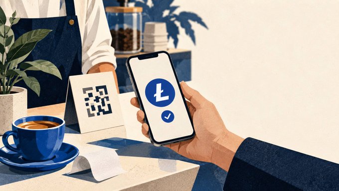 A customer scans a QR code at a coffee shop and completes a Litecoin ($LTC) payment on their smartphone, illustrating the simple, low-fee crypto transaction described in the post.