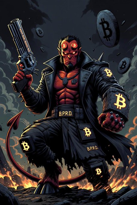 The image depicts a demonic Hellboy-inspired figure with glowing Bitcoin "B" eyes, holding a revolver and a large Bitcoin-branded gauntlet, surrounded by floating Bitcoin coins amid flames. The "B.P.R.D." and "₿" symbols on his gear directly tie into the "Hell ₿oy" caption, playfully fusing the iconic character with cryptocurrency culture.