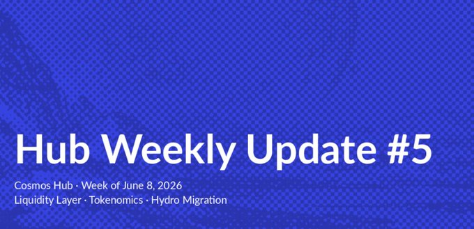 The image features a blue banner that displays the text "Hub Weekly Update #5" at the top. Below this, there are two lines of text providing information about an event happening on Robinhood called "ATOM". The first line states that "ATOM is officially live on Robinhood!", while the second line informs us that "Capital vaults will be live by the end of June, with liquidity auctions following in July".