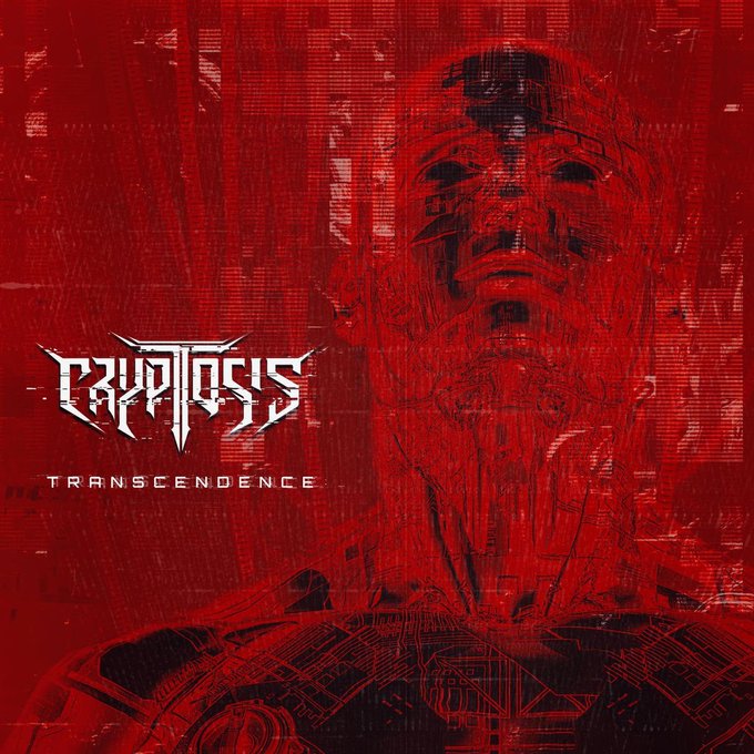 A red-tinted album cover featuring a distorted cyborg face with circuit board details, displaying the band name 'CRYPTOPSIS' and the album title 'TRANSCENDENCE' in stylized text.
