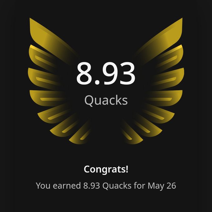 The image shows a gold-colored trophy with the text "Congratulations! You earned 8.83 Quacks for May 26" written below it. The trophy has a bird's wing design, which adds an elegant touch to its appearance. The post is about celebrating someone's achievement of earning 8.83 Quacks in just one day on @wallchain. This accomplishment highlights the user's consistency and dedication to their goals or interests.