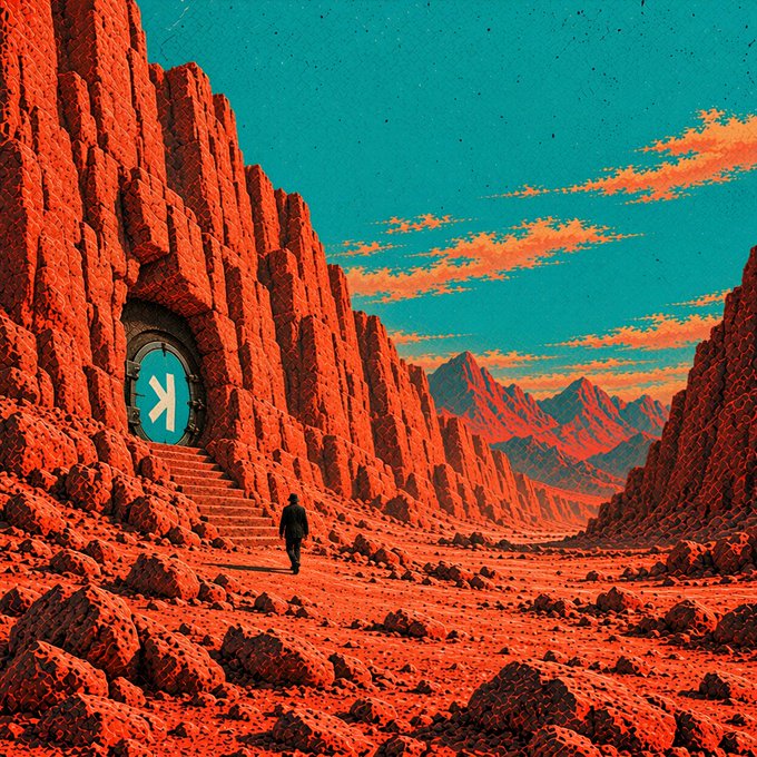 A lone traveler approaches a glowing circular vault door marked with "Kaspa" set within a towering red rock canyon, illustrating the concept of a time-locked "HodlVault" on the Kaspa network that waits for a price condition to be met before allowing access to assets.