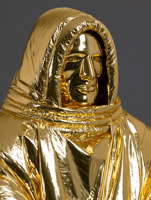 A close-up shot of a statue or figure covered in a shiny gold material, wearing a hooded cloak.