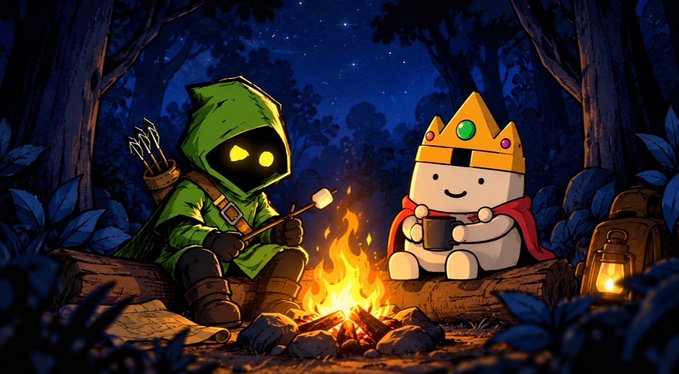 A hooded archer and a crowned marshmallow-like king roast marshmallows by a campfire in a starry forest, illustrating the "Hooja x Nabulines" giveaway with 2 GTD and 10 FCFS spots up for grabs.