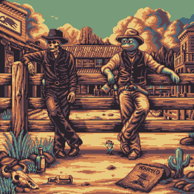 A pixel-art Wild West scene featuring two skeletal/skeletal-faced cowboys leaning against a wooden fence, a small figure standing between them, a 'WANTED' poster, scattered bottles, and a desert town in the background.