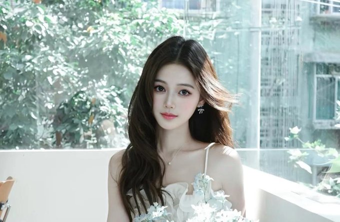 A portrait of a young woman with long dark hair and subtle makeup wearing a white floral dress, photographed in soft natural light near a window with green foliage outside.