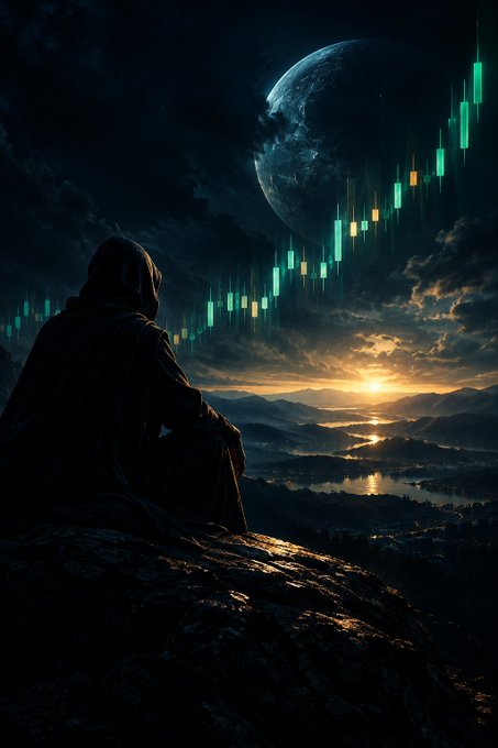 A hooded figure sits on a rocky cliff at sunset, gazing at a landscape with a large planet and glowing green financial candlestick charts in the sky.