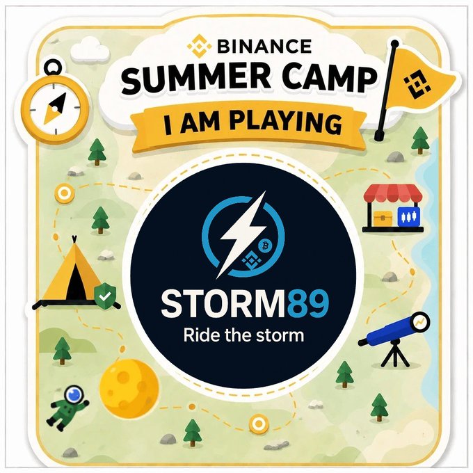 A promotional graphic for the Binance Summer Camp 'I AM PLAYING' event, featuring a logo for 'STORM89' with the tagline 'Ride the storm' amid illustrated camp and exploration themes.