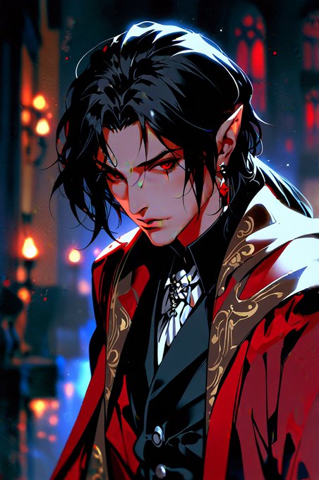 An anime-style digital illustration of a pale vampire-like character with black hair, red eyes, pointed ears, and ornate red and black clothing in a gothic setting.