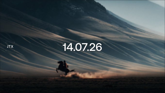 Cinematic image of a lone rider on horseback galloping across a desert landscape at dusk, with the date '14.07.26' and 'JTX' label.