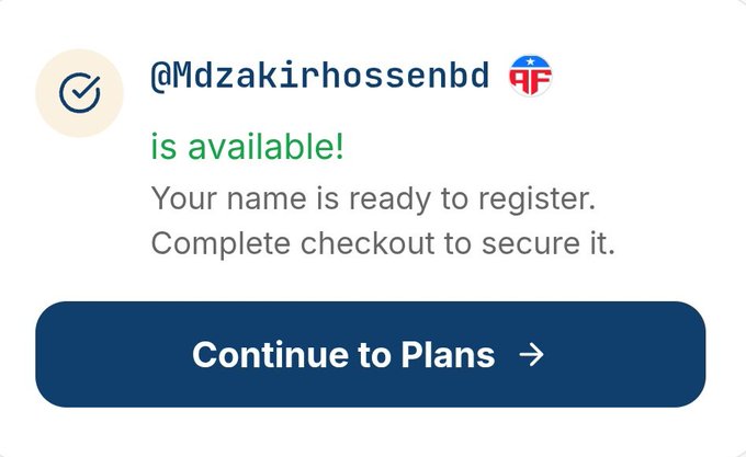 Screenshot showing a domain registration confirmation that '@Mdzakirhossenbd' is available, with a 'Continue to Plans' button and a red 'QF' emoji icon.