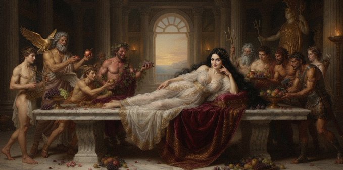 A reclining woman in flowing white and crimson drapery lounges on a marble banquet table surrounded by classical Greco-Roman figures, including a bearded man with an eagle and a golden statue holding a trident. The opulent, mythological scene evokes indulgence and sensual pleasure, fitting the post's invitation to "finish the day with art" by offering a dreamy, luxurious visual escape.