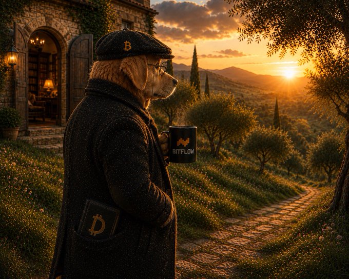 An anthropomorphic dog wearing a flat cap, glasses, and a tweed coat stands overlooking a Tuscan countryside at sunset, holding a mug labeled "BITFLOW" while a pouch with the Bitcoin "₿" logo hangs from his coat. The image complements the post's "GM DOG ARMY" greeting and "touch some grass" message by depicting the DOG-themed character literally enjoying a peaceful outdoor Sunday in nature.