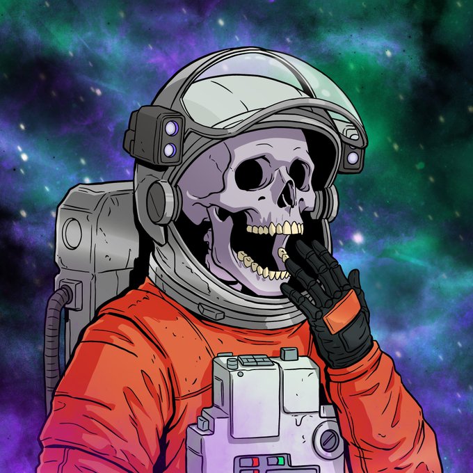 A skeletal astronaut in an orange spacesuit and helmet laughs maniacally against a vibrant purple and green cosmic backdrop, his exposed bony face a grim illustration of the post's tale — a cautionary reminder that defying safety protocols in space comes at a fatal cost.