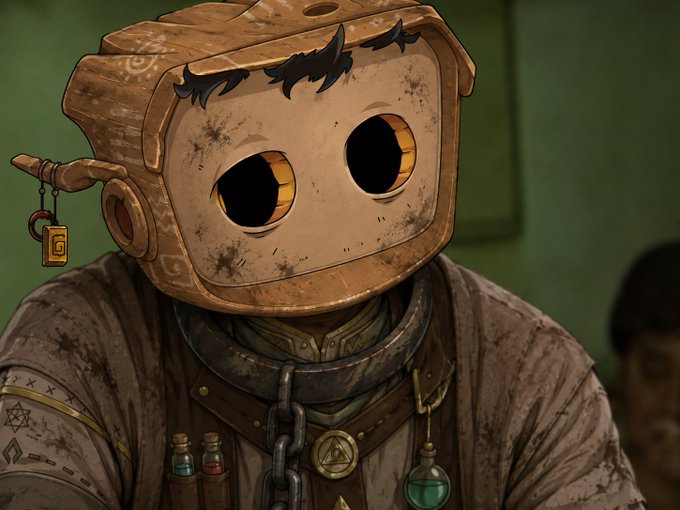 An illustrated figure wearing a weathered box-like mask with large round eye holes and small wings, dressed in tattered robes with chains, potions, and arcane symbols, set against a green background.
