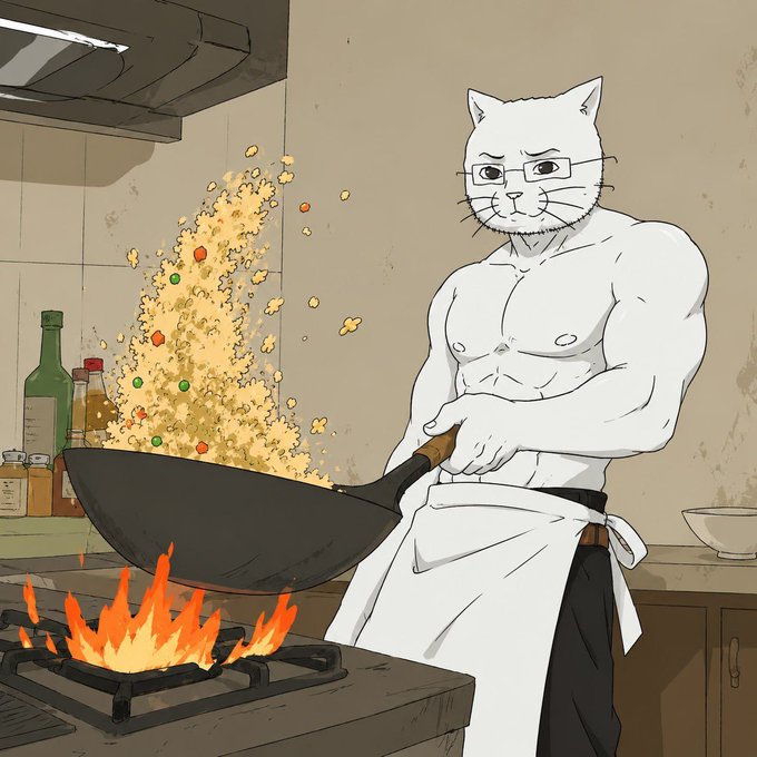 An anime-style illustration of a muscular, anthropomorphic white cat wearing glasses and an apron, stir-frying food in a flaming wok in a kitchen.