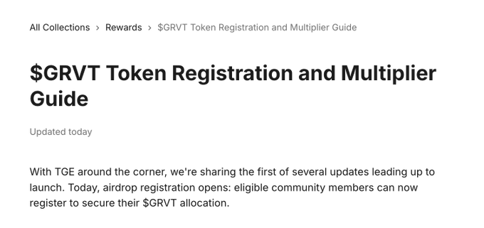 An image showing a help article titled "$GRVT Token Registration and Multiplier Guide" announcing that airdrop registration is now open for eligible community members to secure their $GRVT allocation, which corresponds to the post highlighting the new registration window with multiplier options of 1x, 2x, and 4x ahead of the July 21 TGE.