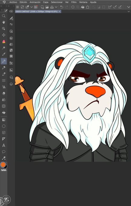 A digital illustration of a character with long white hair, a beard, and a gem on their forehead is being edited in a graphics program (likely Photoshop), with the file named 'OBOS CARTASTI' visible in the tab.