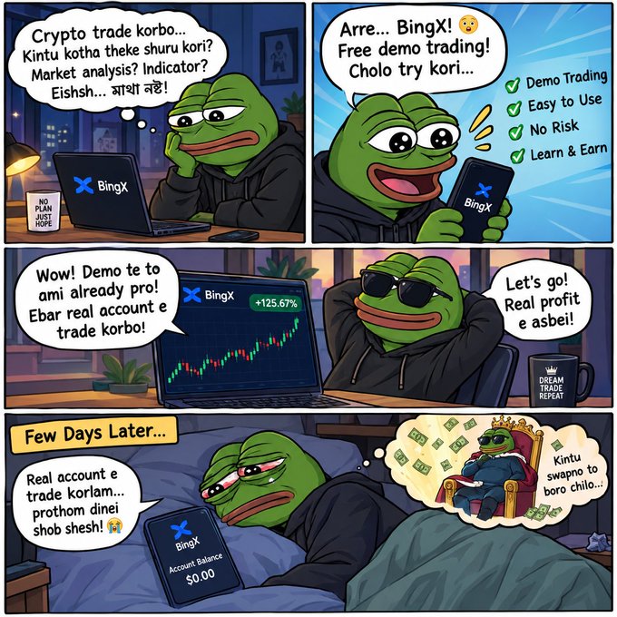 A four-panel comic shows Pepe using BingX demo trading, seeing gains, then losing money after real trading; visible text includes “Demo Trading,” “Easy to Use,” “No Risk,” “Learn & Earn,” and “Account Balance $0.00.”