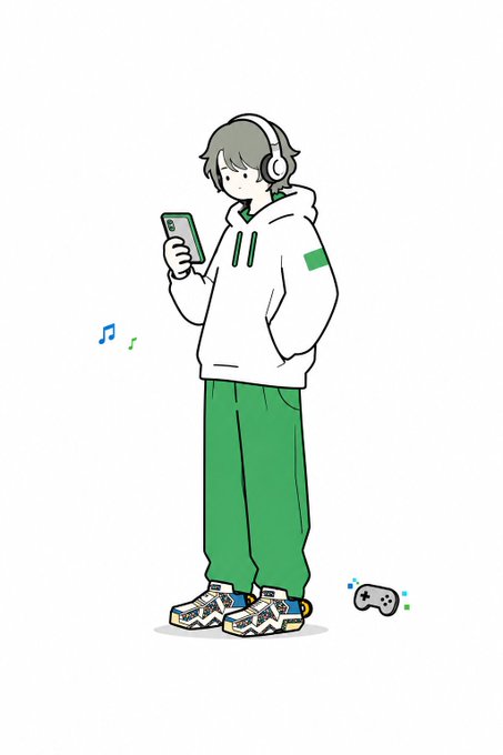 The image features a cartoon illustration of a person wearing headphones, standing with their hands on their hips while looking at a cell phone. The background includes a white wall and some scattered objects such as a game controller and a remote control. The caption reads "#stepn 界隈で流行っているのでやってみました、いい感じなのでアイコンにもさせていただきました".