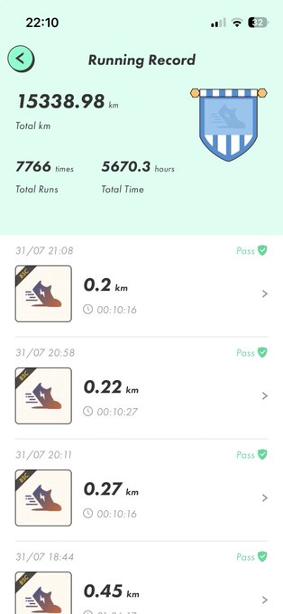 A running app screen titled 'Running Record' displays total stats of 15,338.98 km across 7,766 runs taking 5,670.3 hours, with recent individual run entries listed below.